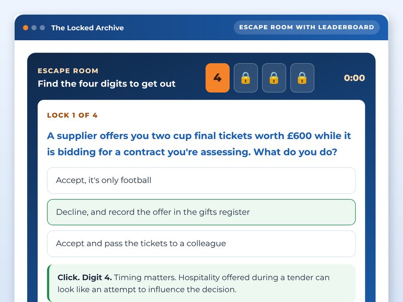 Screen from the Anti-bribery escape room showcase course: The Locked Archive, part way through