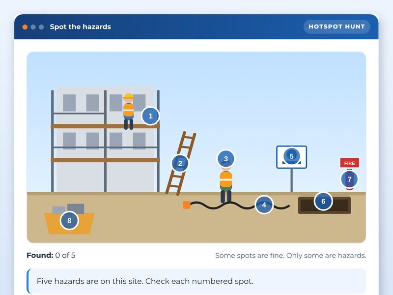 Site safety induction for construction, showcase course screen: Spot the hazards