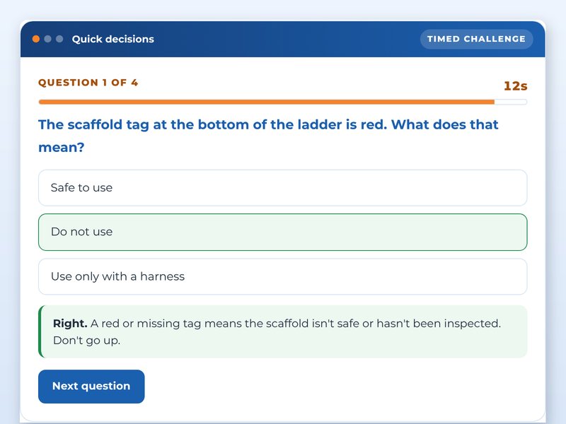 Screen from the Site safety induction for construction showcase course: Quick decisions, part way through