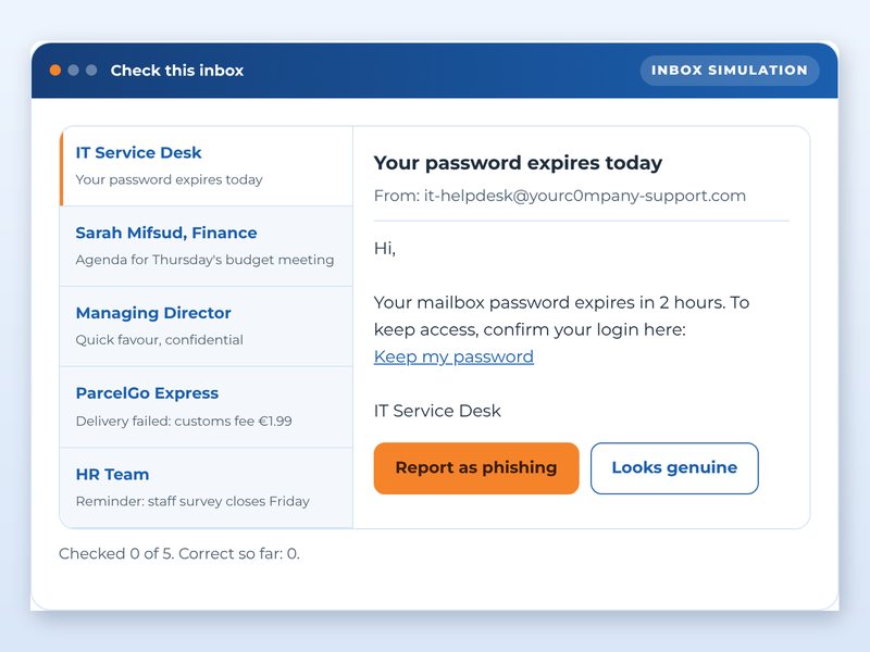 Cyber security: spot the phish, showcase course screen: Check this inbox