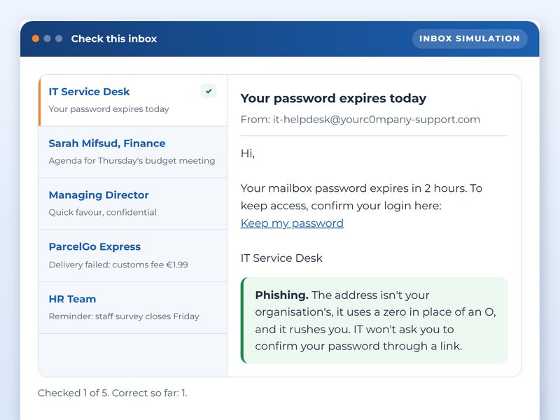 Screen from the Cyber security: spot the phish showcase course: Check this inbox, part way through