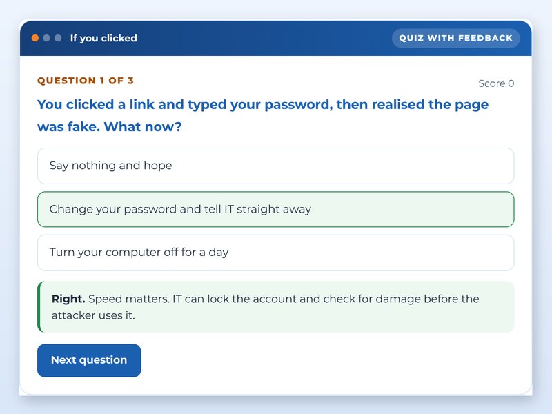 Screen from the Cyber security: spot the phish showcase course: If you clicked, part way through