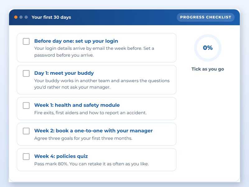 Employee onboarding: the first 30 days, showcase course screen: Your first 30 days