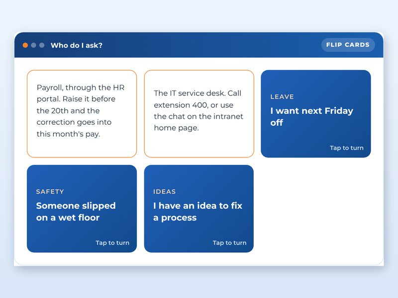 Screen from the Employee onboarding: the first 30 days showcase course: Who do I ask?, part way through