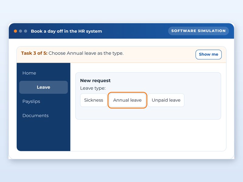 Screen from the Employee onboarding: the first 30 days showcase course: Book a day off in the HR system, part way through