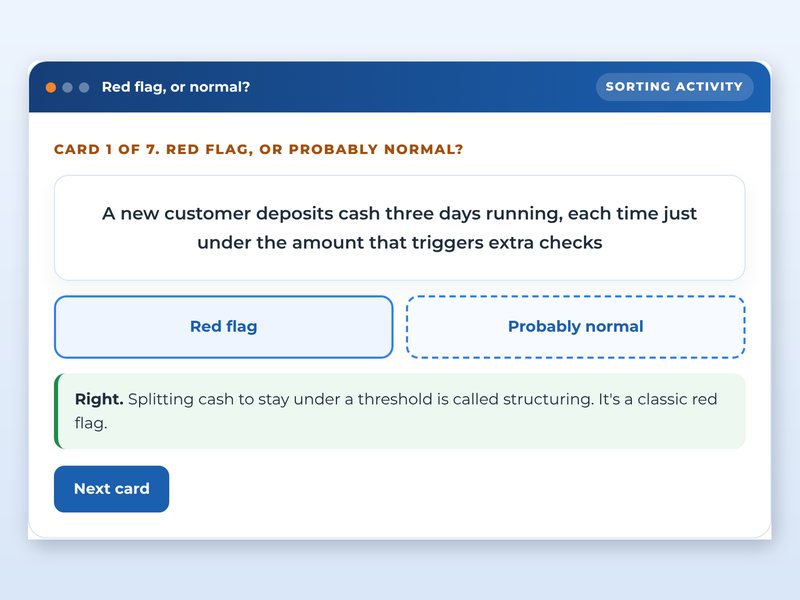 Screen from the Anti-money laundering: spot the red flags showcase course: Red flag, or normal?, part way through