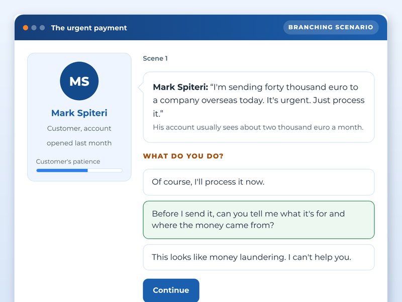 Screen from the Anti-money laundering: spot the red flags showcase course: The urgent payment, part way through