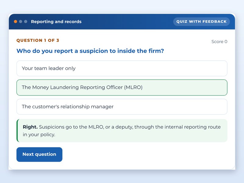 Screen from the Anti-money laundering: spot the red flags showcase course: Reporting and records, part way through