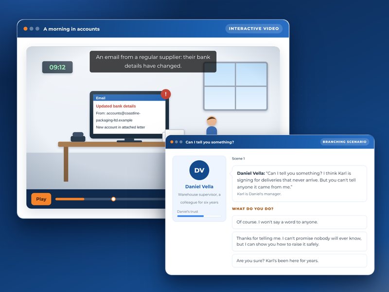 Screens from the Compliance at work flagship course: a branching conversation, an escape room and an interactive video