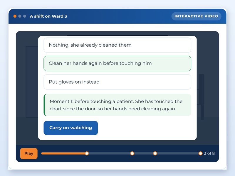 Screen from the Hand hygiene and infection prevention showcase course: A shift on Ward 3, part way through