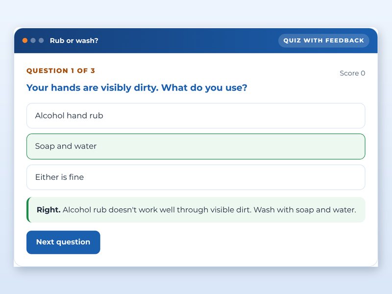 Screen from the Hand hygiene and infection prevention showcase course: Rub or wash?, part way through