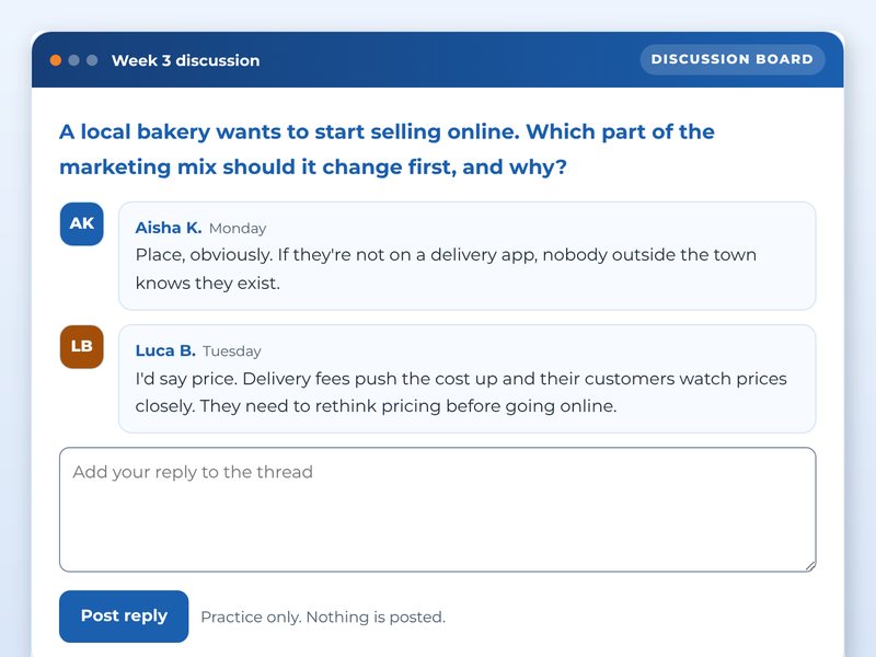 An online degree module: Principles of Marketing, showcase course screen: Week 3 discussion