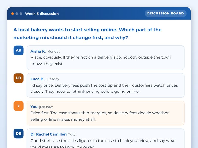 Screen from the An online degree module: Principles of Marketing showcase course: Week 3 discussion, part way through