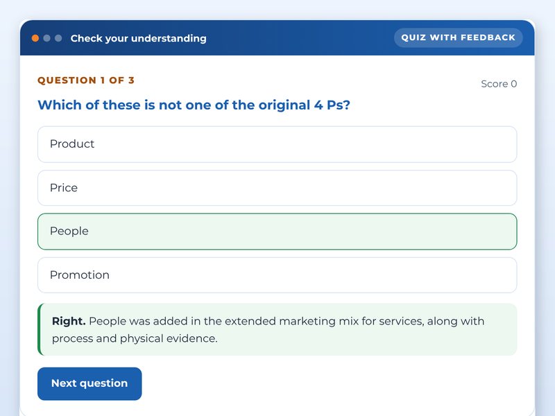 Screen from the An online degree module: Principles of Marketing showcase course: Check your understanding, part way through