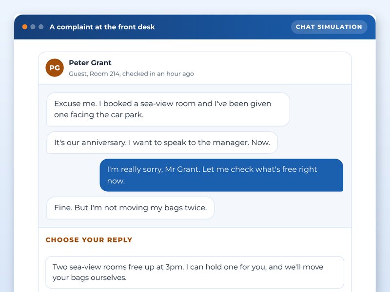 Screen from the The guest in front of you: handling complaints showcase course: A complaint at the front desk, part way through