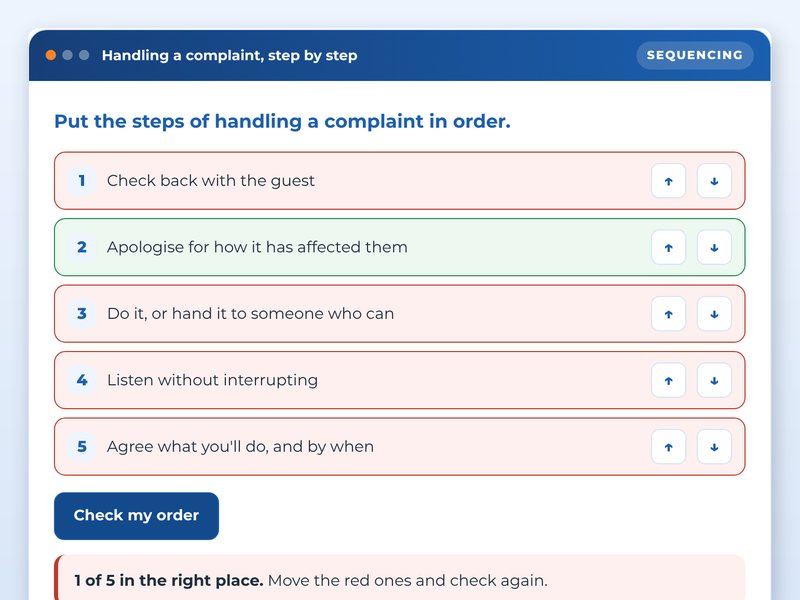Screen from the The guest in front of you: handling complaints showcase course: Handling a complaint, step by step, part way through