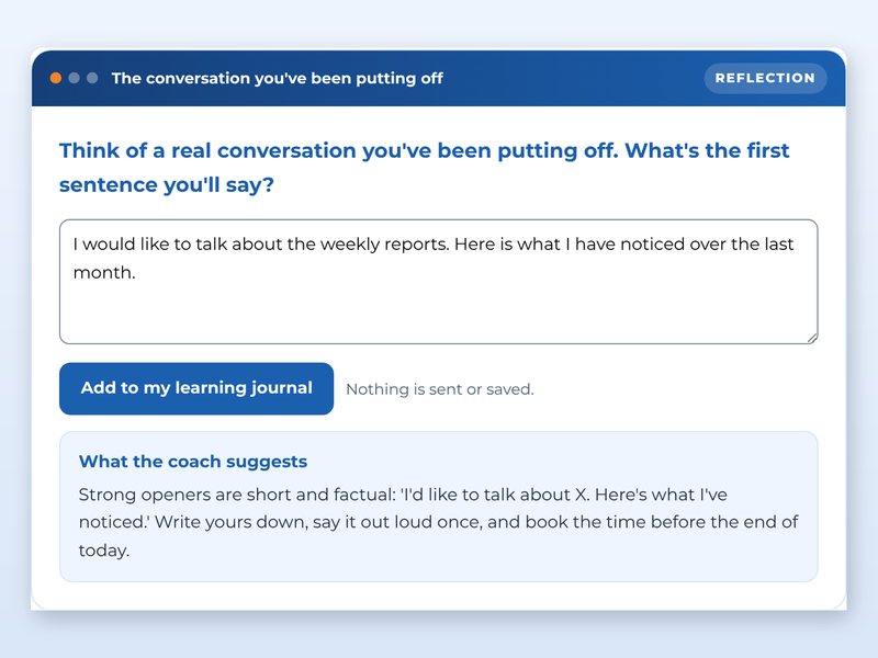 Screen from the First-time managers: the hard conversations showcase course: The conversation you've been putting off, part way through