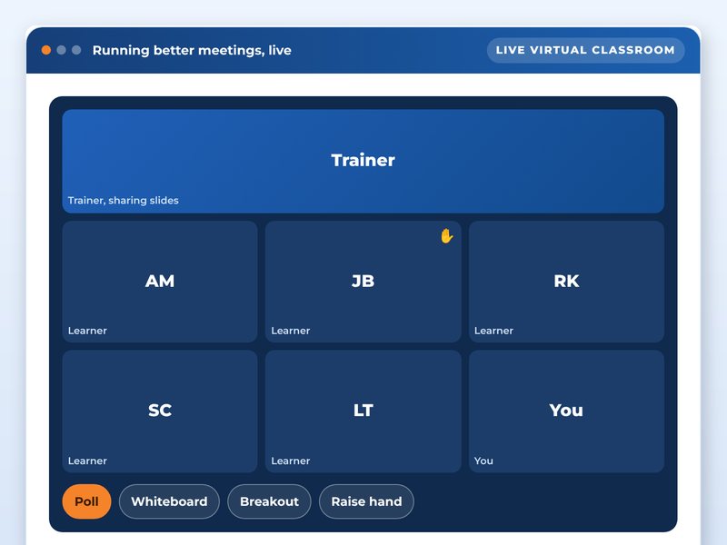 Screen from the Trainer-led live: a virtual classroom workshop showcase course: Running better meetings, live, part way through