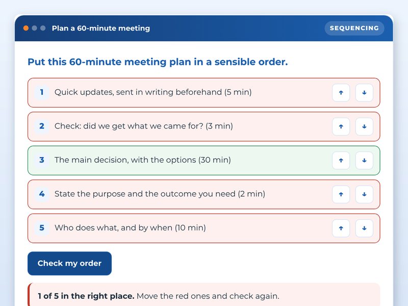 Screen from the Trainer-led live: a virtual classroom workshop showcase course: Plan a 60-minute meeting, part way through