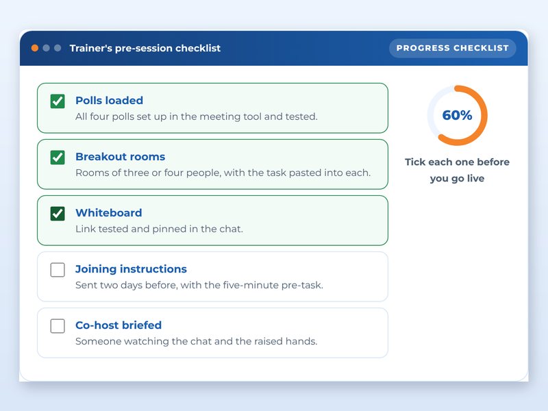 Screen from the Trainer-led live: a virtual classroom workshop showcase course: Trainer's pre-session checklist, part way through