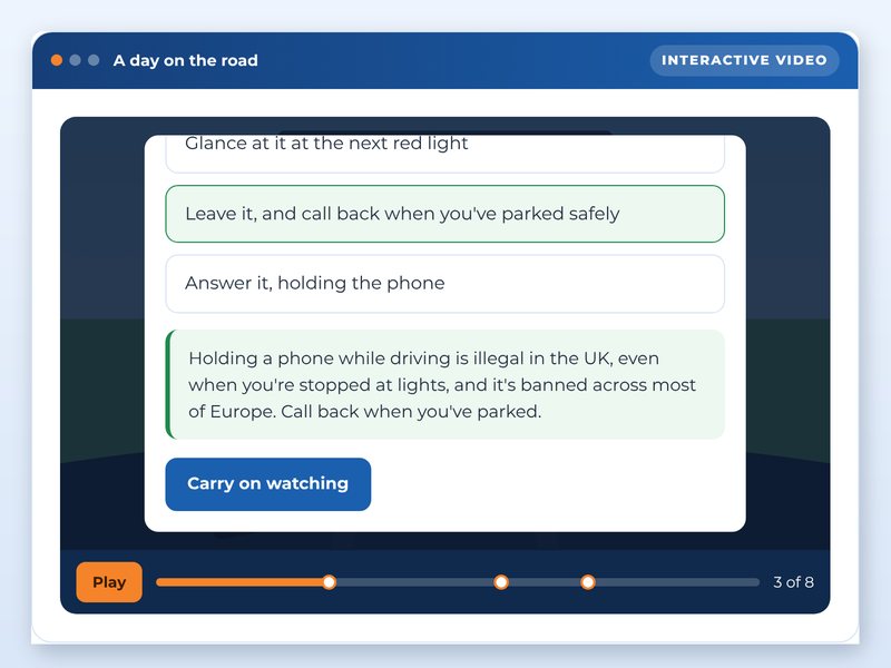 Screen from the Driving for work: safer journeys showcase course: A day on the road, part way through
