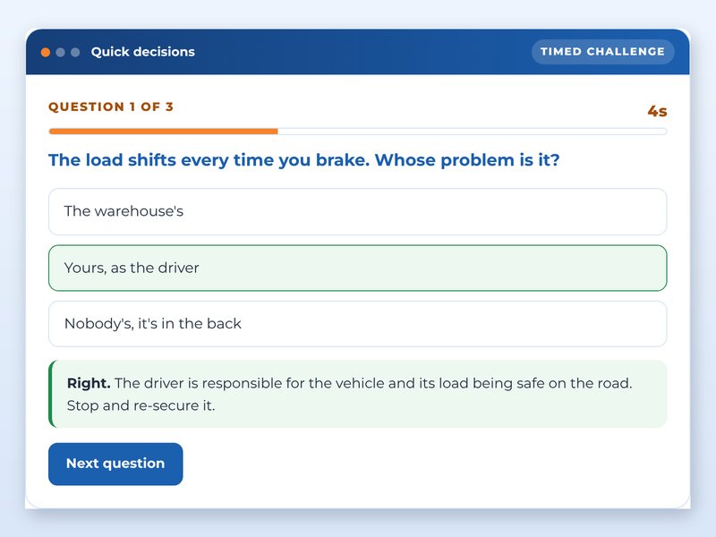 Screen from the Driving for work: safer journeys showcase course: Quick decisions, part way through