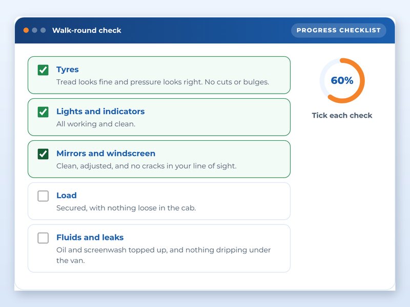 Screen from the Driving for work: safer journeys showcase course: Walk-round check, part way through