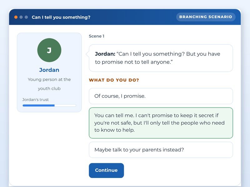 Screen from the Safeguarding for volunteers showcase course: Can I tell you something?, part way through