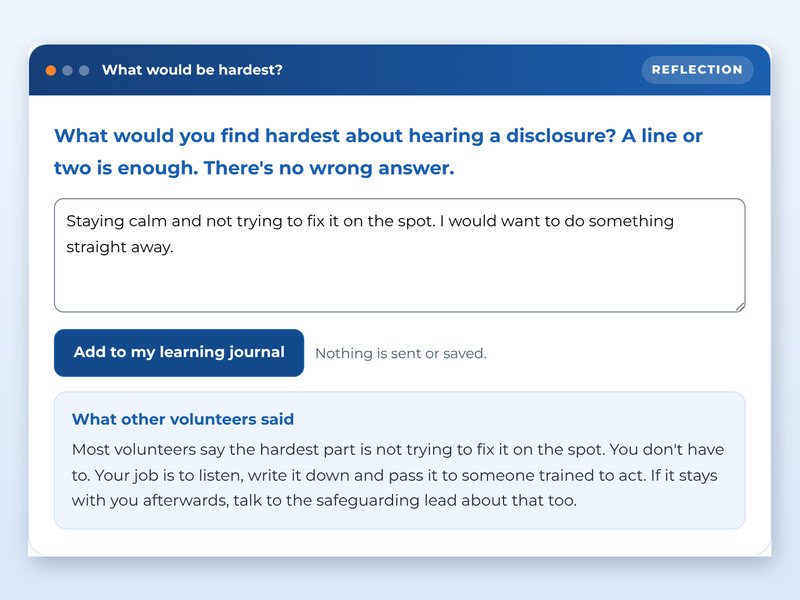 Screen from the Safeguarding for volunteers showcase course: What would be hardest?, part way through