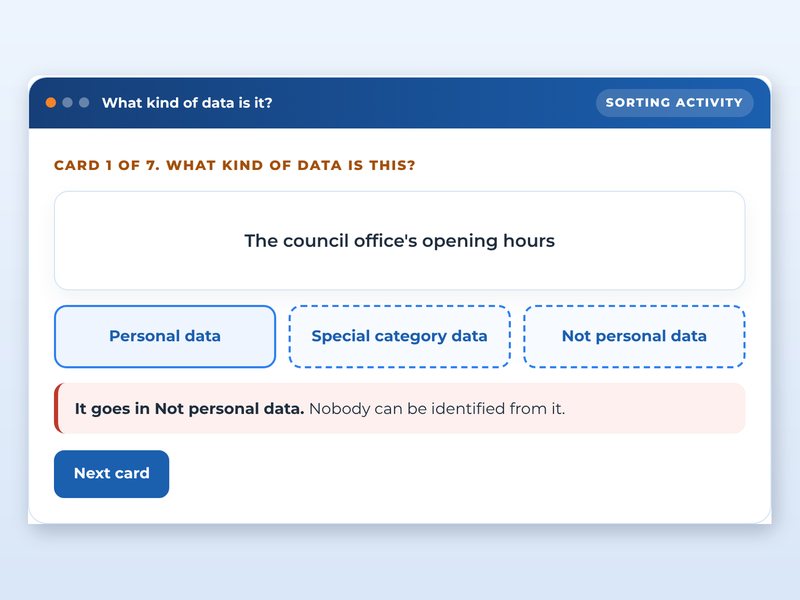 Screen from the Personal data in public services showcase course: What kind of data is it?, part way through