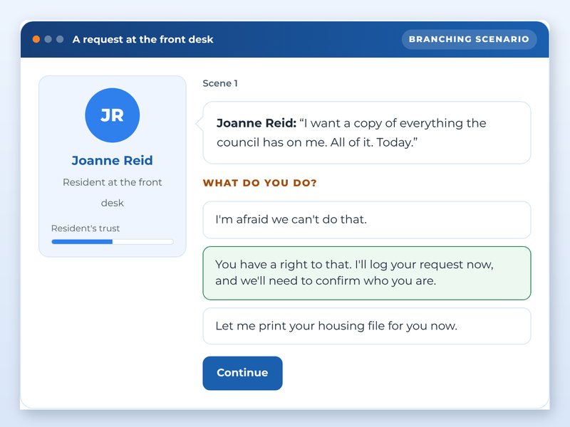 Screen from the Personal data in public services showcase course: A request at the front desk, part way through
