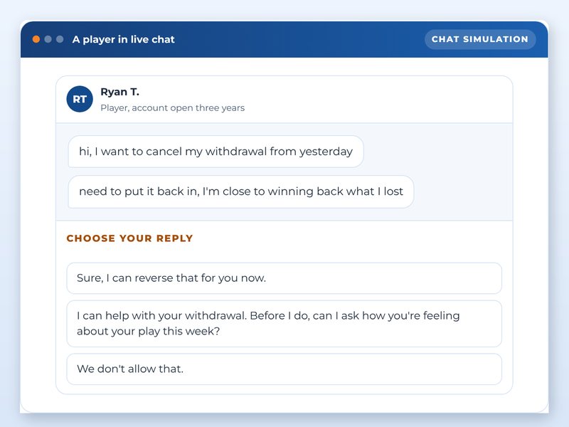 Player protection for gaming and betting staff, showcase course screen: A player in live chat