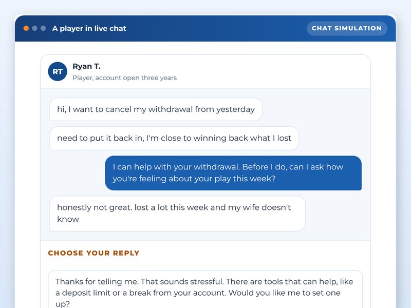 Screen from the Player protection for gaming and betting staff showcase course: A player in live chat, part way through