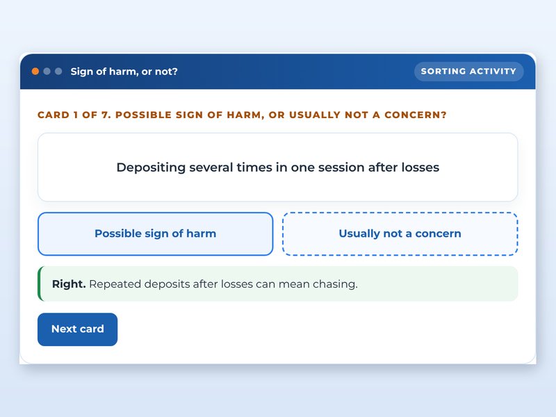 Screen from the Player protection for gaming and betting staff showcase course: Sign of harm, or not?, part way through