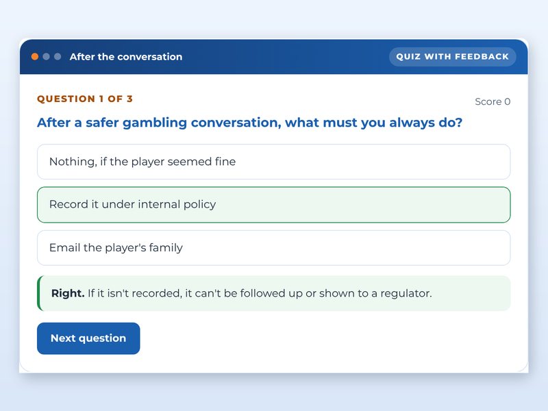 Screen from the Player protection for gaming and betting staff showcase course: After the conversation, part way through