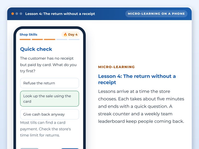 Screen from the Retail floor skills in five minutes a day showcase course: Lesson 4: The return without a receipt, part way through