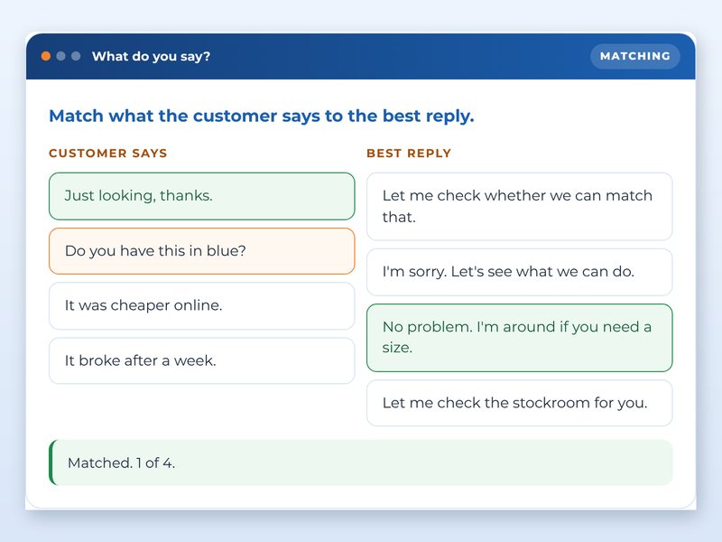 Screen from the Retail floor skills in five minutes a day showcase course: What do you say?, part way through
