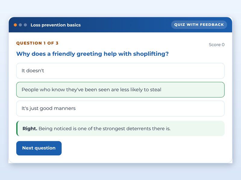 Screen from the Retail floor skills in five minutes a day showcase course: Loss prevention basics, part way through