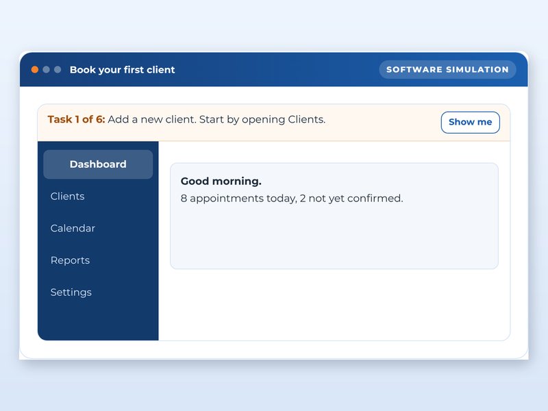 Software training: getting started with a booking system, showcase course screen: Book your first client