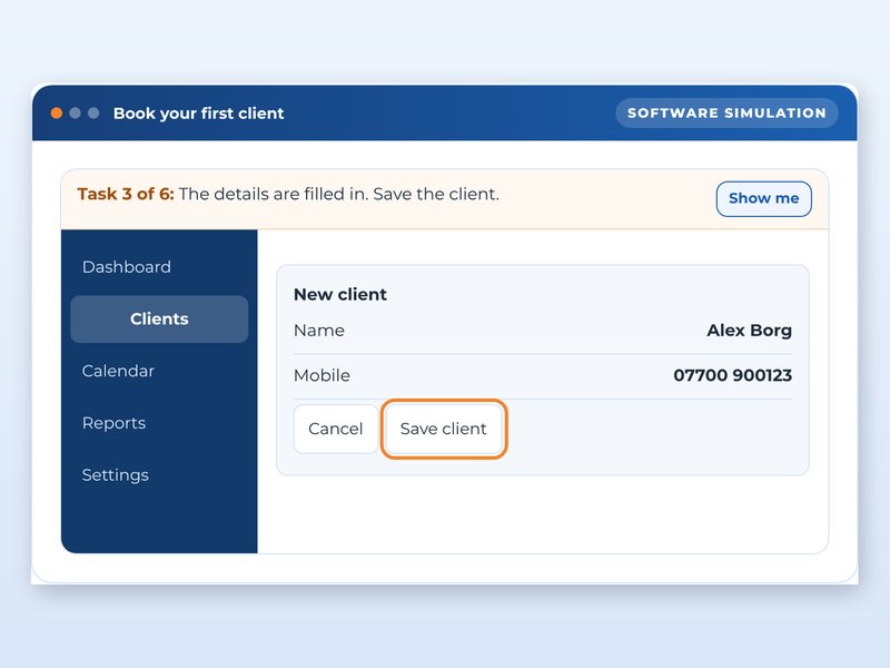 Screen from the Software training: getting started with a booking system showcase course: Book your first client, part way through