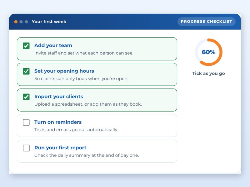 Screen from the Software training: getting started with a booking system showcase course: Your first week, part way through