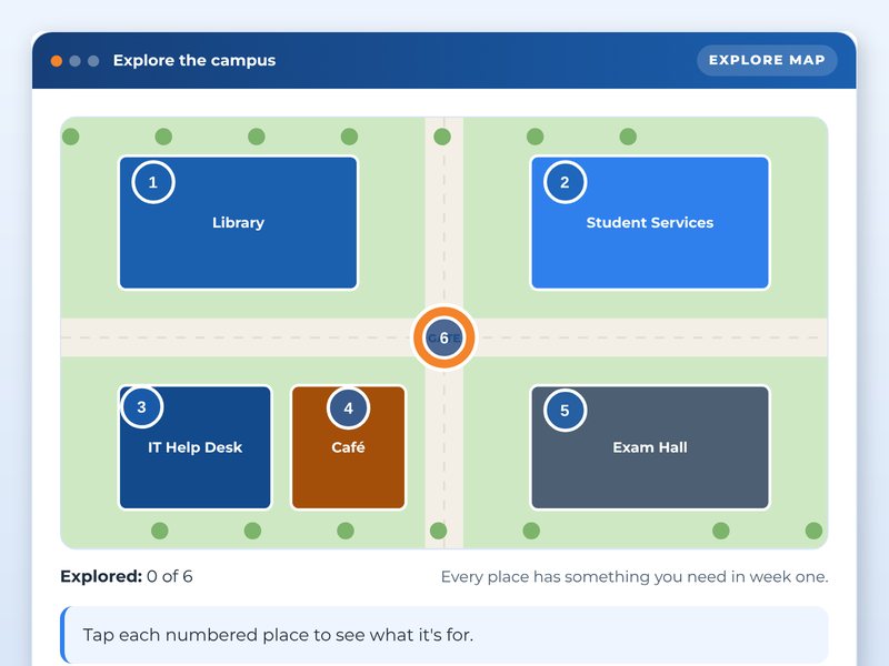 Student induction: ready for day one, showcase course screen: Explore the campus