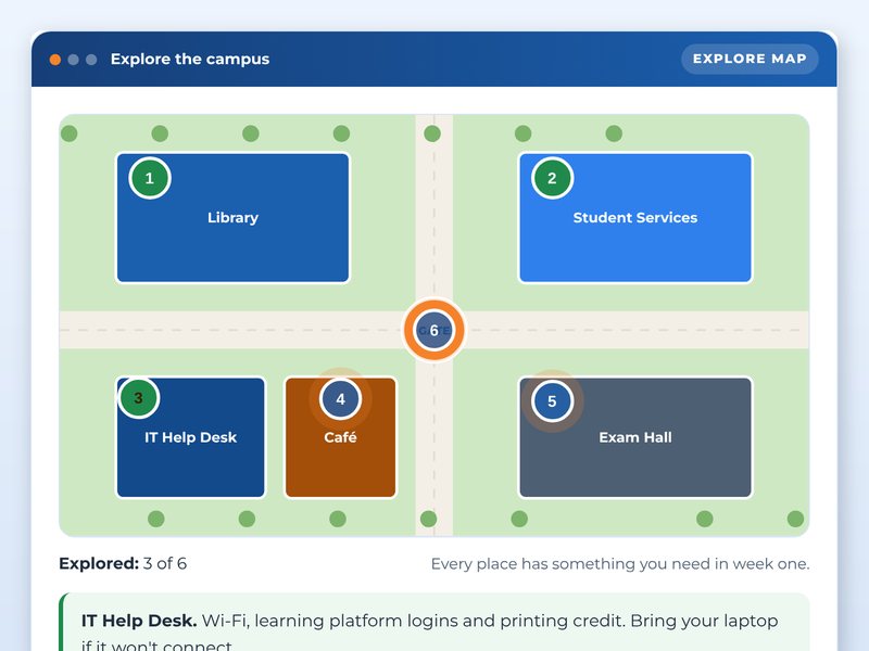 Screen from the Student induction: ready for day one showcase course: Explore the campus, part way through