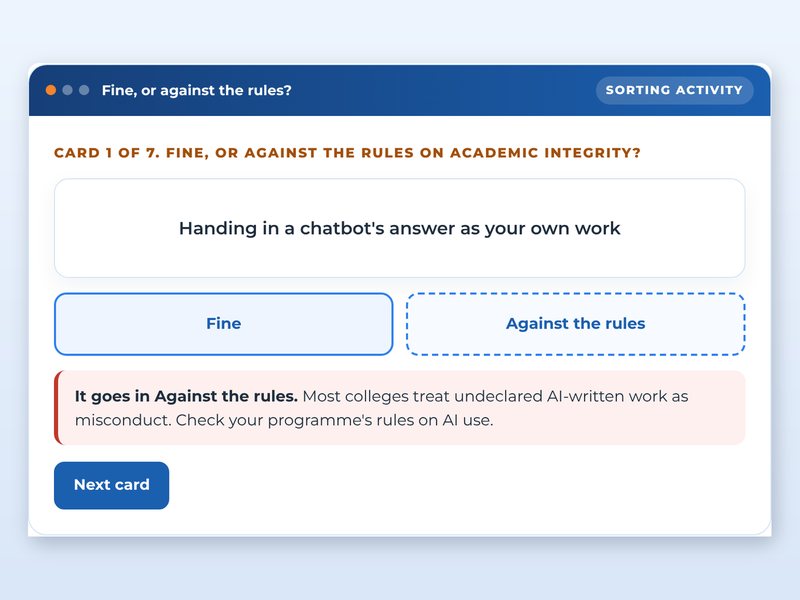 Screen from the Student induction: ready for day one showcase course: Fine, or against the rules?, part way through