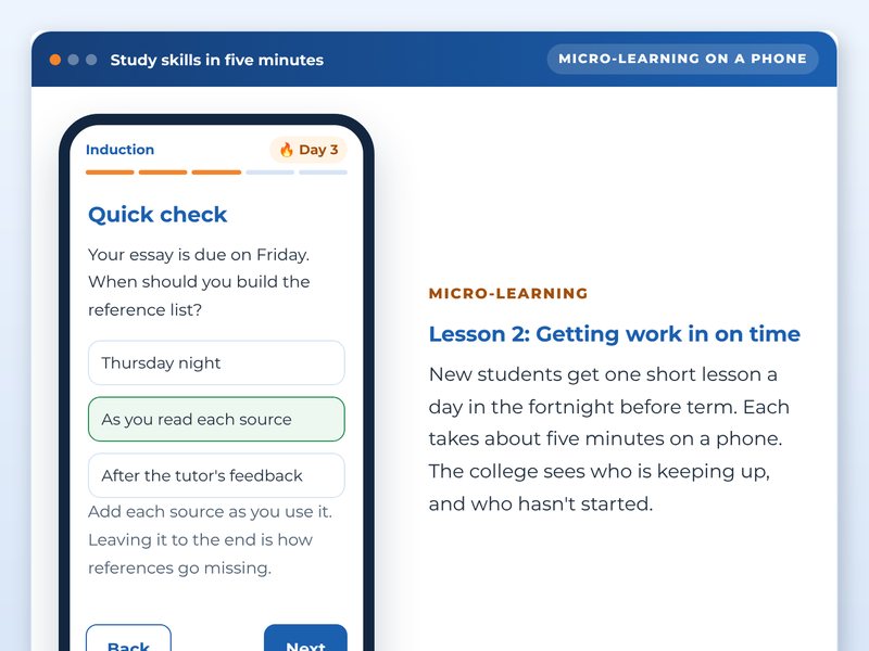 Screen from the Student induction: ready for day one showcase course: Study skills in five minutes, part way through