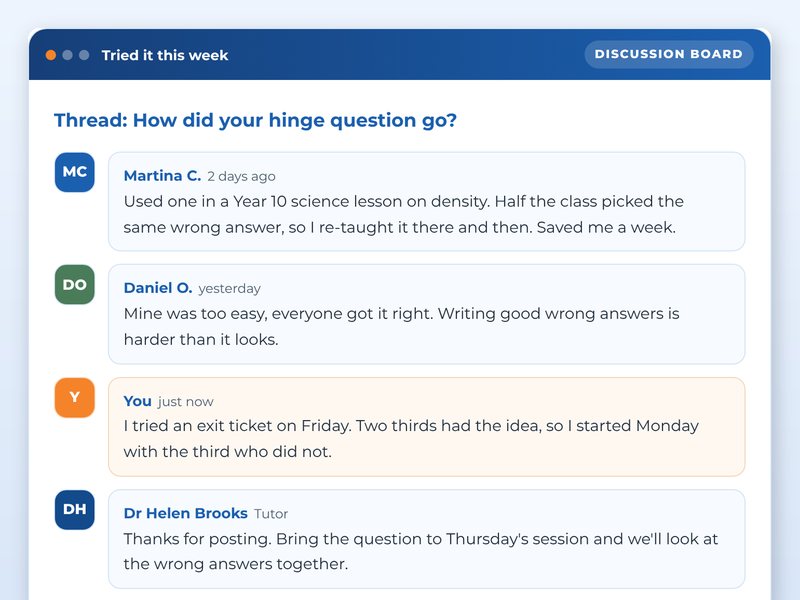 Screen from the Assessment for learning: CPD for teachers showcase course: Tried it this week, part way through