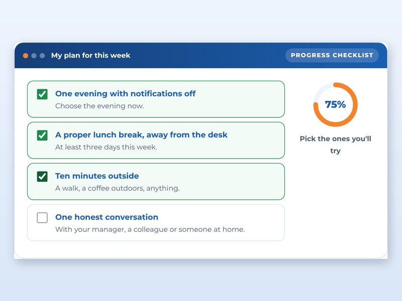 Screen from the Looking after yourself at work showcase course: My plan for this week, part way through